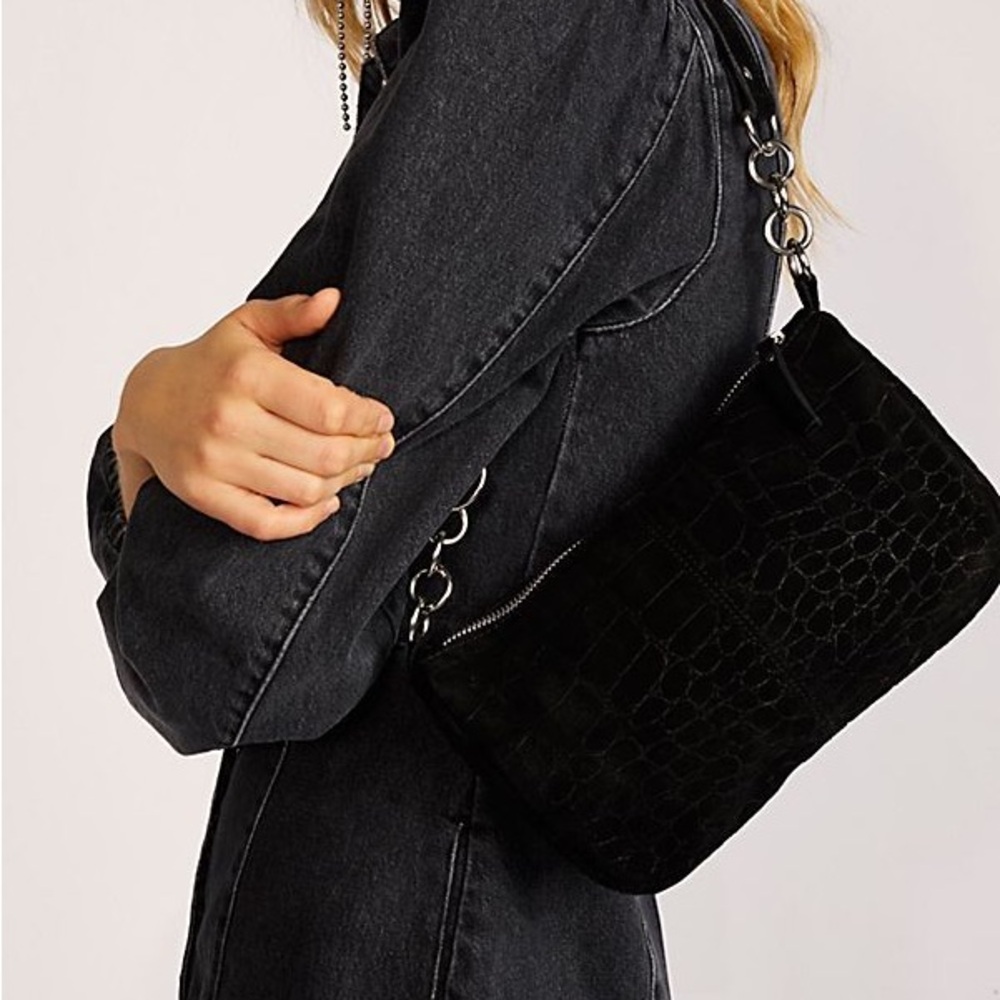 Free People Black Suede Croc-Embossed Shoulder Bag.